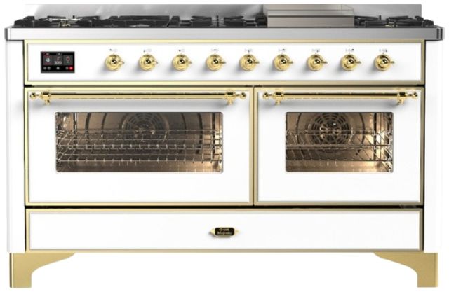 Ilve® Majestic III 60" White Pro Style Dual Fuel Natural Gas Range with Triple Glass Door and Brass Trim-0