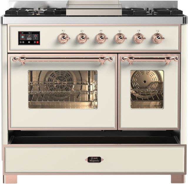 Ilve® Majestic III 40" Antique White Pro Style Dual Fuel Liquid Propane Range with Triple Glass Door and Copper Trim-1