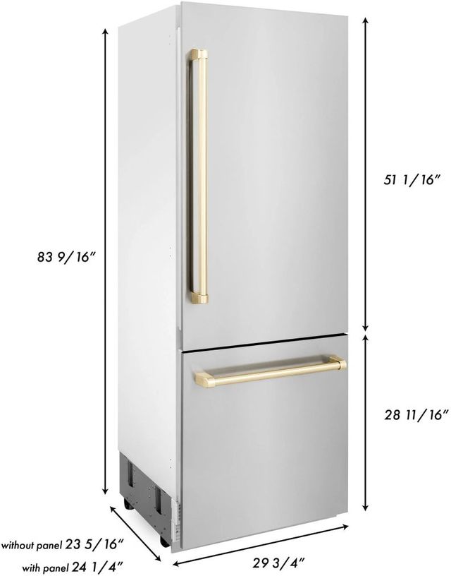 ZLINE Autograph Edition 30 in. 16.1 Cu. Ft. Stainless Steel/Gold Bottom Freezer Refrigerator-10