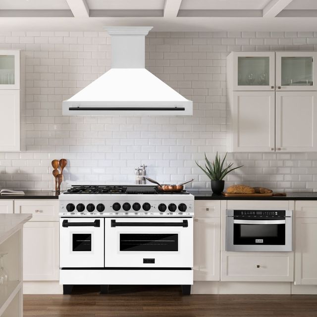 ZLINE Autograph Edition 48" Stainless Steel Wall Mounted Range Hood with White Matte Shell and Matte Black Handle-1