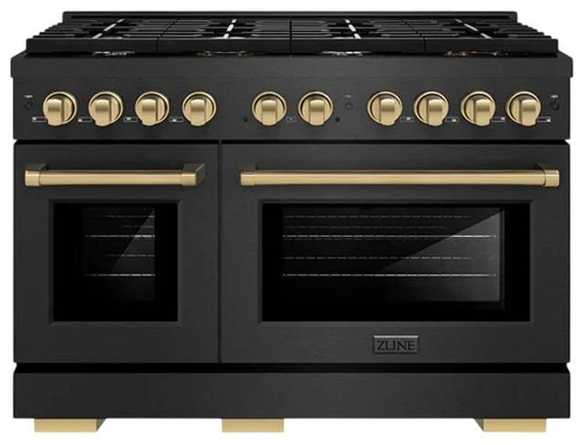 ZLINE Autograph Edition Paramount 48" Black Satin Stainless Steel/Champagne Bronze Double Oven Gas Range with 8 Burner Cooktop-0