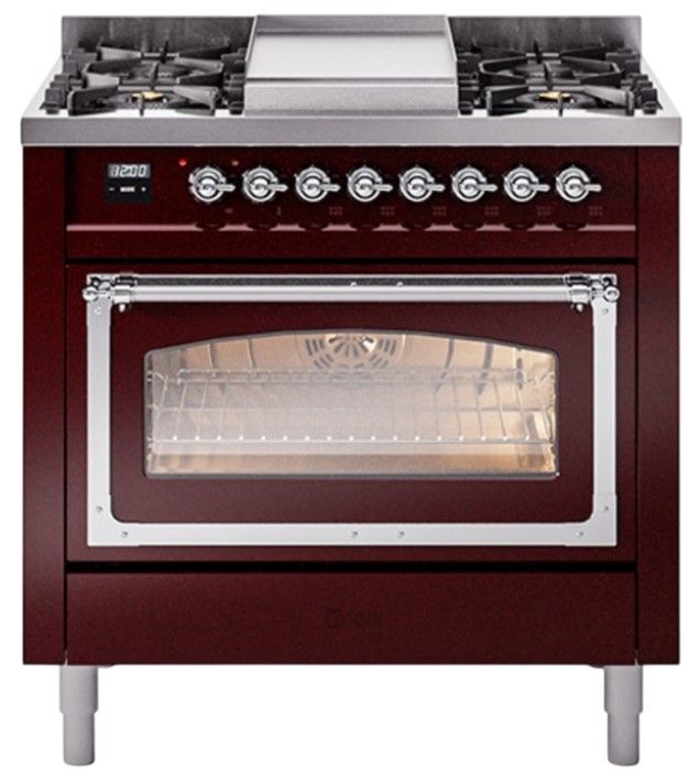 Ilve® Nostalgie II Noblesse 36'' Burgundy Pro Style Dual Fuel Range with Chrome Trim-0