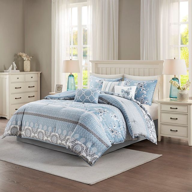 Olliix by Madison Park Willa Blue King Seven Piece Cotton Printed Comforter Set-2
