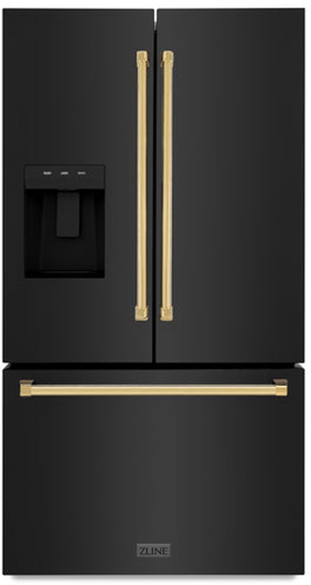 ZLINE Autograph Edition 36" 28.9 Cu. Ft. Black Stainless Steel Freestanding French Door Refrigerator with Dual Ice Maker and Polished Gold Traditional Handles-0