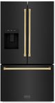 ZLINE Autograph Edition 36" 28.9 Cu. Ft. Black Stainless Steel Freestanding French Door Refrigerator with Dual Ice Maker and Polished Gold Traditional Handles-0