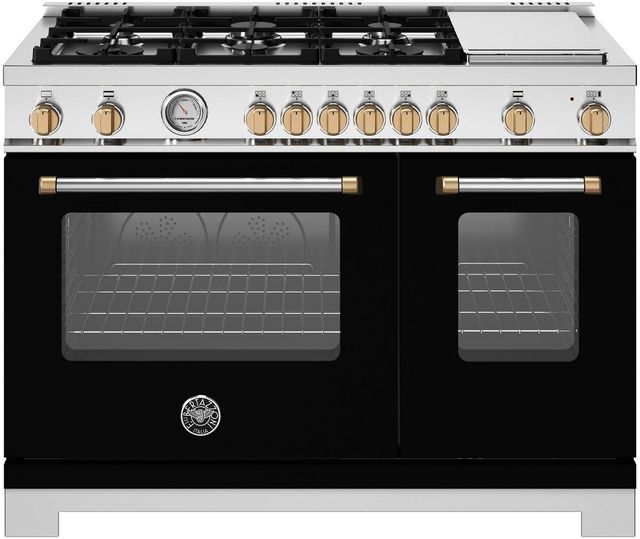 Bertazzoni Master Series 48" Fingerprint Resistant Nero Matt Pro Style Gas Range with Gold Accents-0