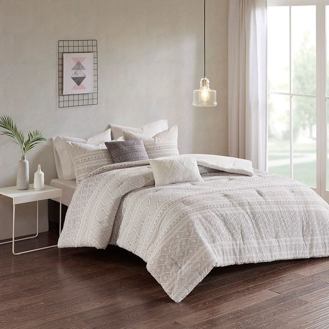 Olliix by Urban Habitat White/Grey Full/Queen Lizbeth 5 Piece Cotton Clip Jacquard Comforter Set-4