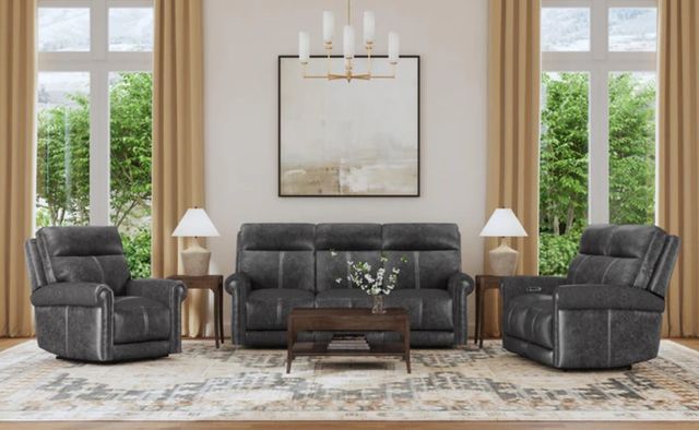 Flexsteel® Alexander Weathered Gray Leather Power Reclining Loveseat with Power Headrest and Lumbar-2