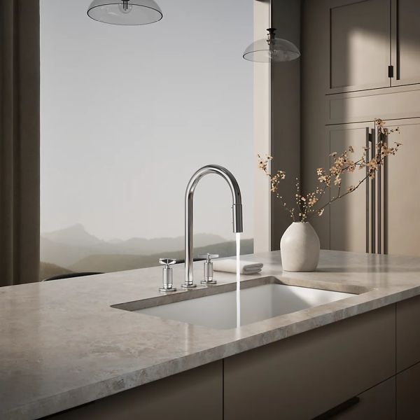 KOHLER® Billet® Polished Chrome Kitchen Sink Faucet with 2-Function Sprayhead and Cross Handles-2