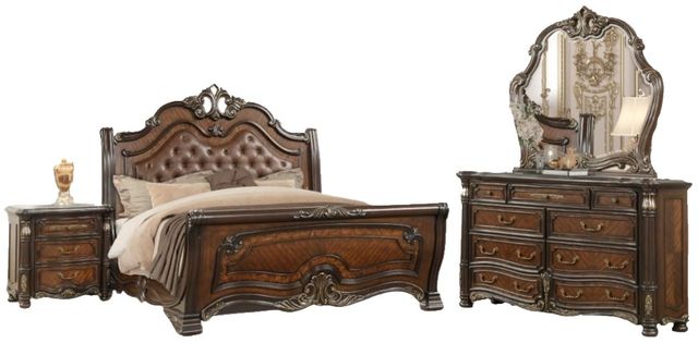 New Classic® Home Furnishings Bella Notte 4-Piece Mahogany Brown Tufted California King Sleigh Bedroom Set-0