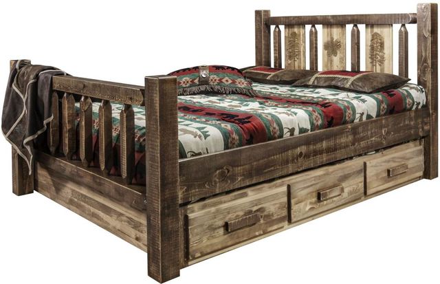 Montana Woodworks® Homestead Stain & Clear Lacquer Twin Storage Bed with Laser Engraved Pine Design-3