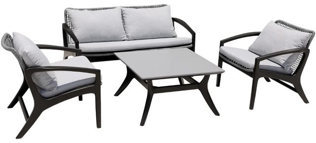 Front view of the Armen Living Beckham 4-Piece Black/Grey/White Outdoor Conversation Set