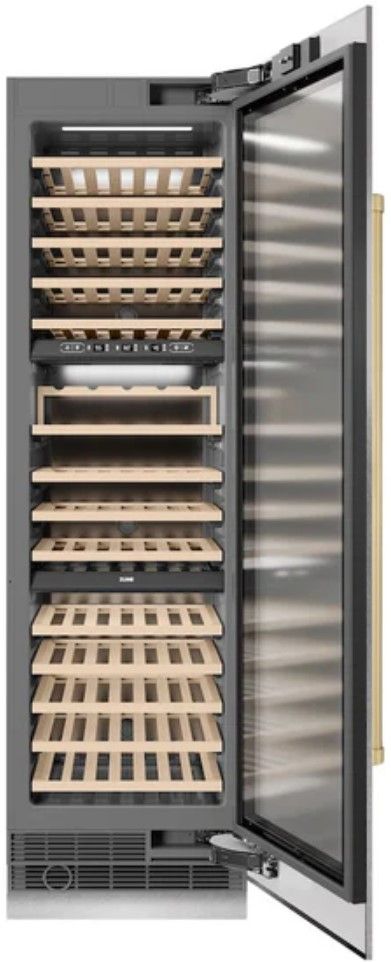 ZLINE Autograph Edition 24" 12.4 Cu. Ft. Triple Zone 100 Bottle Column Wine Cooler in Satin Stainless Steel and Champagne Bronze Accents-1