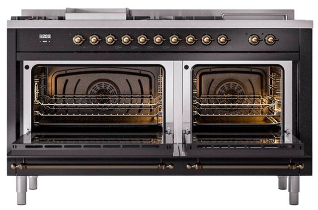 Ilve® Nostalgie II Noblesse 60'' Glossy Black Pro Style Dual Fuel Range with Burnished Trim-1