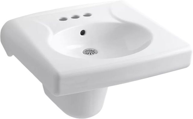 KOHLER® Brenham™ White Wall-Mount or Concealed Carrier Arm Mount Commercial Bathroom Sink with 4" Centerset Faucet Holes and Shroud-0