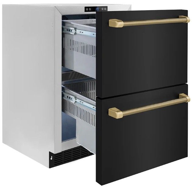 ZLINE Autograph Edition Touchstone 24 " 4.6 Cu. Ft. Black Stainless Steel 168 Can Outdoor-Rated Dual Refrigerator Drawer with Polished Gold Helix Handles -2
