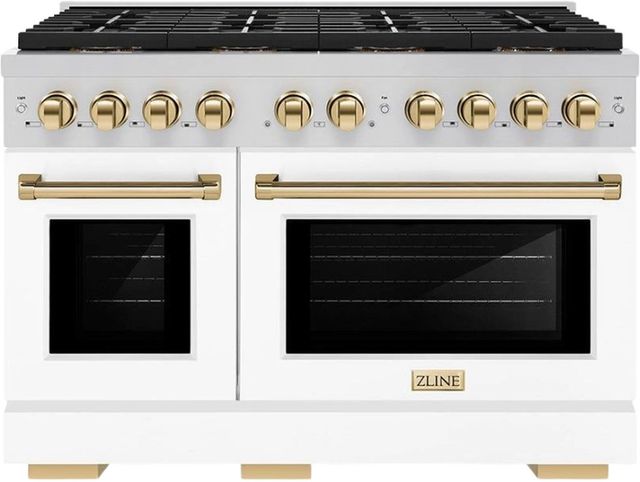 ZLINE Autograph Edition Paramount Series 48" Stainless Steel Pro Style Dual Fuel Range with White Matte Door and Polished Gold Accents-0