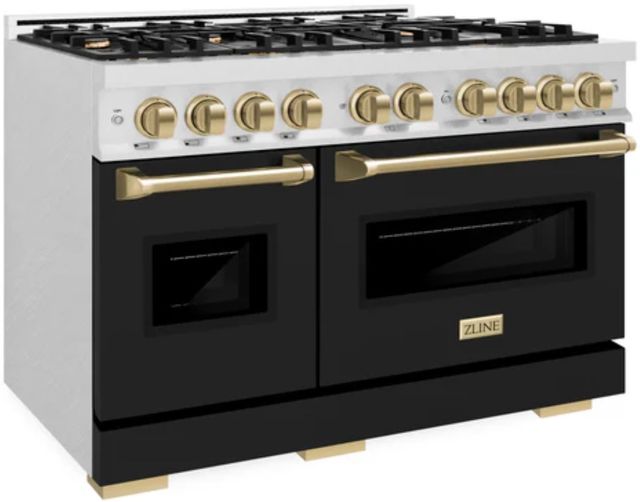 ZLINE Autograph Edition 48" Satin Stainless Steel Pro Style Double Oven Dual Fuel Range with Black Matte Doors and Champagne Bronze Accents-2