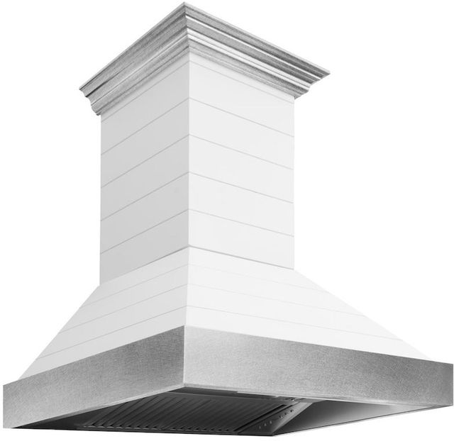 ZLINE 36" Rustic Shiplap Bright White Wooden Wall Mounted Range Hood with Stainless Steel Accents-3