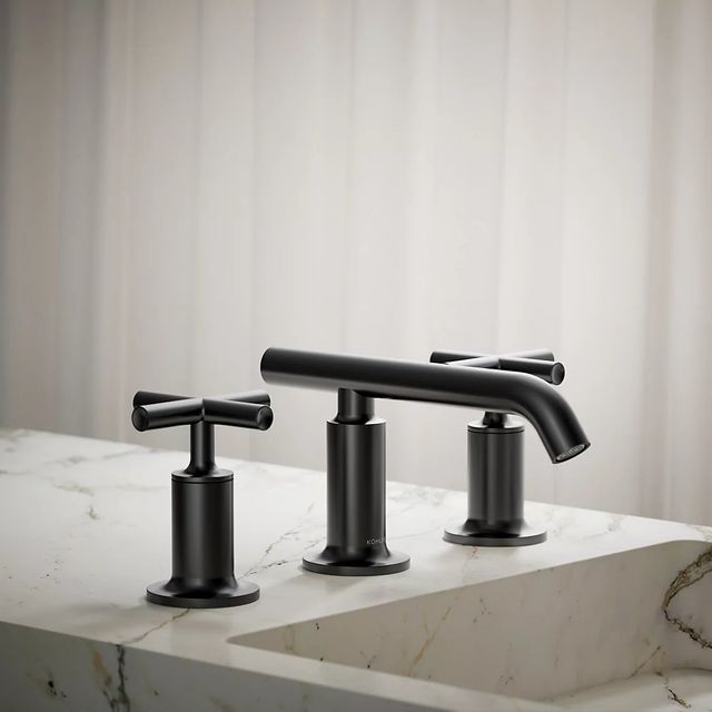 KOHLER® Purist® Matte Black Widespread Bathroom Sink Faucet with Cross Handles-3