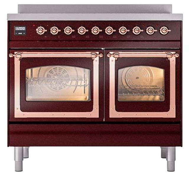 Ilve® Nostalgie II Noblesse 40'' Burgundy Pro Style Induction Range with Copper Trim-1