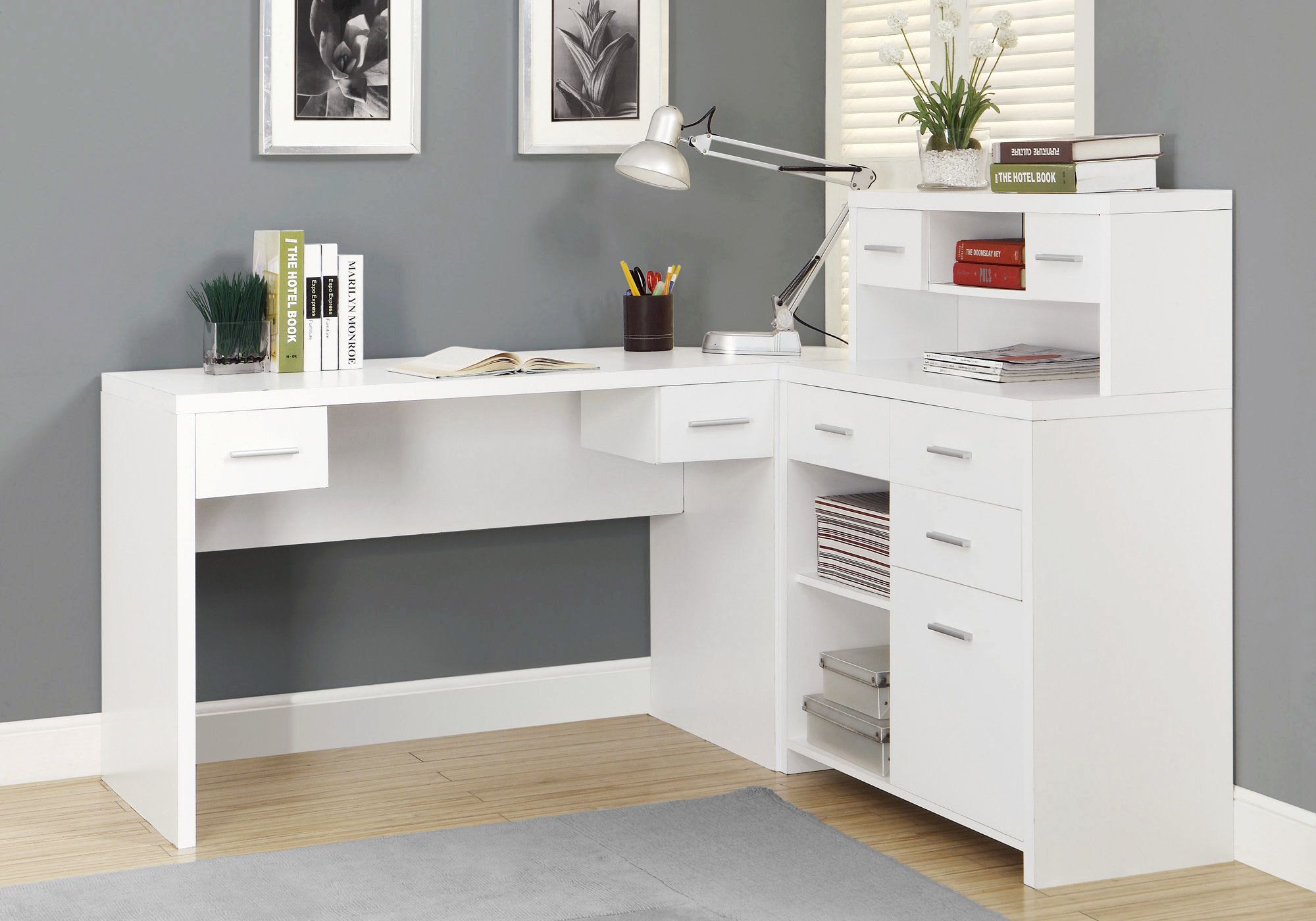 Monarch Specialties Inc. White L Shaped Corner Desk Furniture Villa BrandSource Home Furnishings
