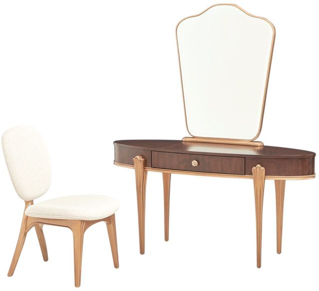Michael Amini® Camellia Field Pecan-V166 Warm Pecan Vanity Desk with Mirror and Chair Set-0