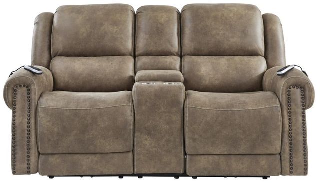 Corinthian Furniture Burr Ridge Hazelnut Power Reclining Loveseat with Power Headrest, Console, and Lumbar-0