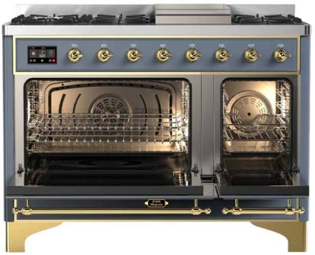 Ilve® Majestic III 48" Blue Gray Pro Style Dual Fuel Natural Gas Range with Solid Door and Brass Trim-1
