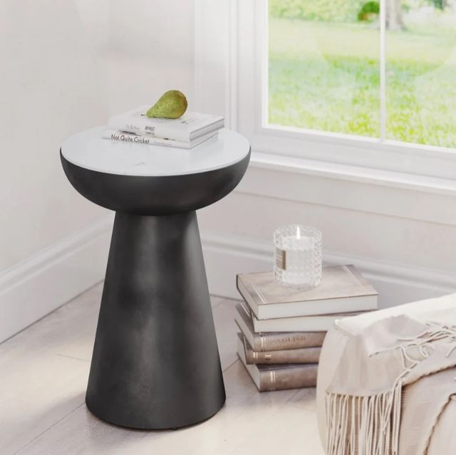 Jofran Inc. Circularity Black Round Chairside Table with White Marble Top-1