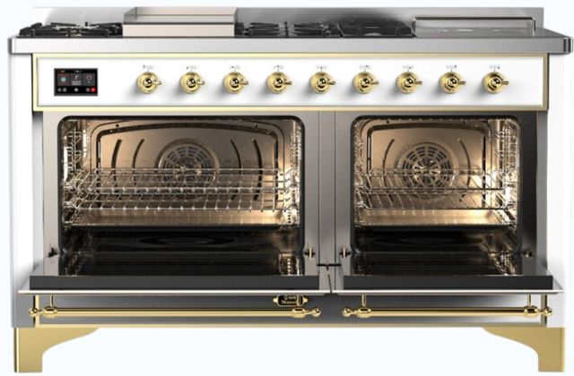 Ilve® Majestic III 60" White Pro Style Dual Fuel Natural Gas Range with French Top and Brass Trim-1