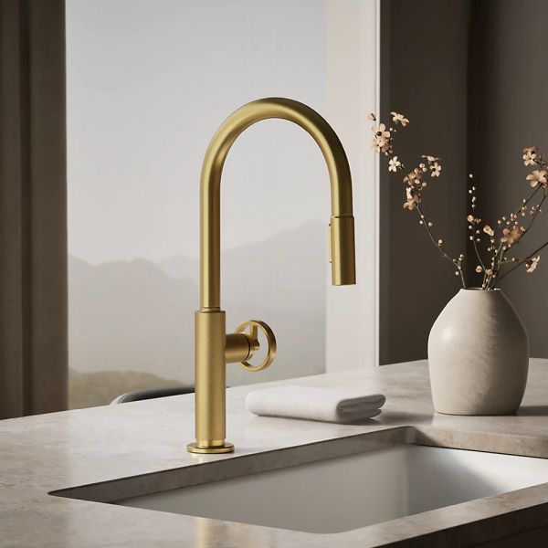 KOHLER® Billet® Vibrant Brushed Moderne Brass Kitchen Sink Faucet with 2-Function Sprayhead and Round Handle-1