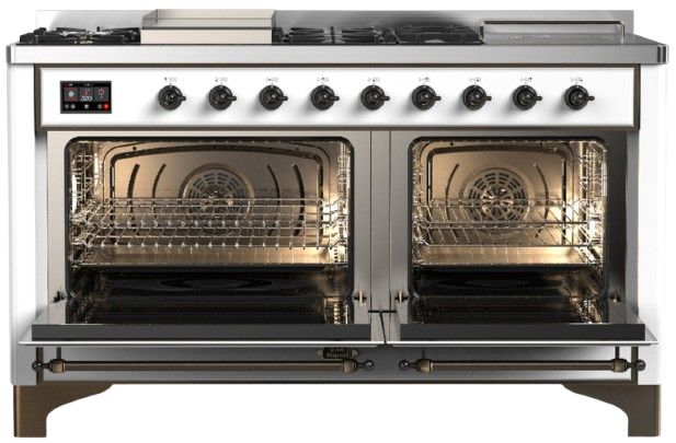 Ilve® Majestic III 60" White Pro Style Dual Fuel Liquid Propane Range with French Top and Burnished Trim-1