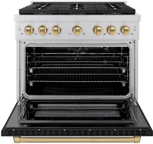 ZLINE Autograph Edition Paramount Series 36" Stainless Steel Pro Style Dual Fuel Range with Matte Black Door and  Champagne Bronze Accents-1