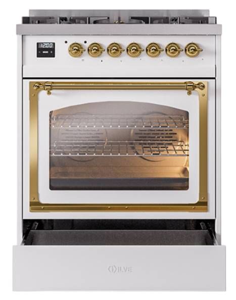 Ilve® Nostalgie II Noblesse 30" Custom RAL Color Pro Style Dual Fuel Range with Brass Trim-2