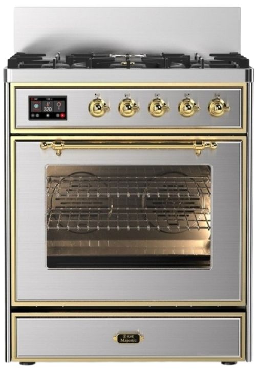 Ilve® Majestic III 30" Stainless Steel Pro Style Dual Fuel Liquid Propane Range with 5 Black Brass Burners and Brass Trim-0