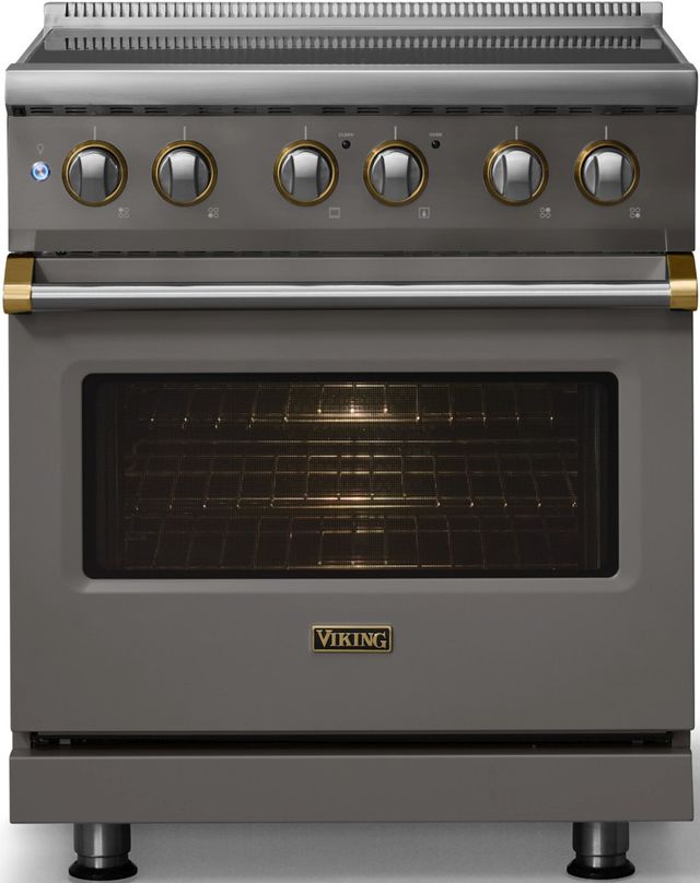 Viking® 5 Series 30" Damascus Gray Pro Style Induction Range with Brushed Brass Trim-2