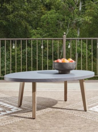 Signature Design by Ashley® Harmony Headlands Gray Wooden Outdoor Oval Cocktail Table with Natural Base-1