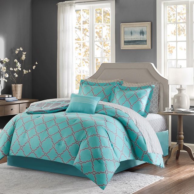 Olliix by Madison Park Essentials Merritt Aqua Grey King Reversible Complete Comforter and Cotton Sheet Set-0