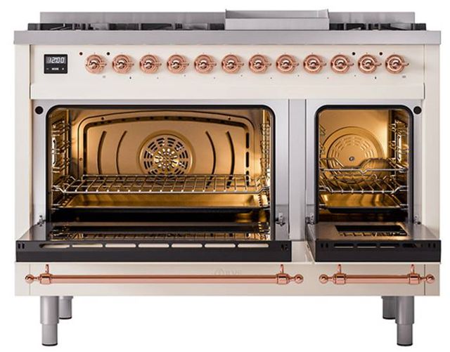 Ilve® Nostalgie II Noblesse 48'' Antique White Pro Style Dual Fuel Range with Copper Trim-2