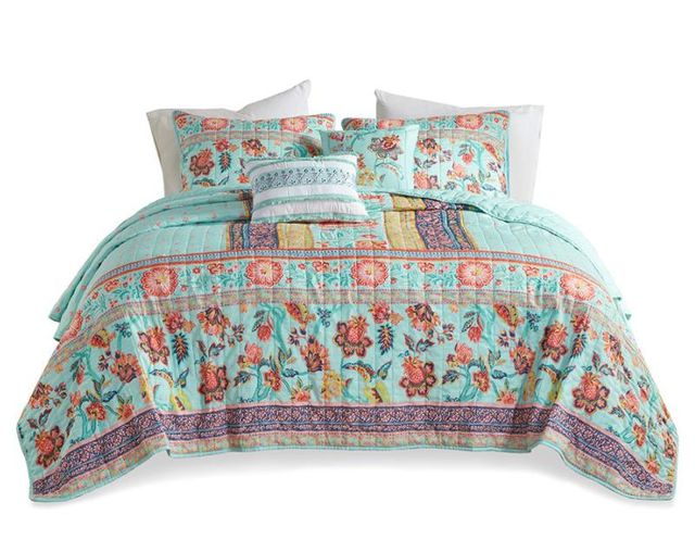 Olliix by Intelligent Design Ophelia Aqua Full/Queen Boho Printed Coverlet Set-0