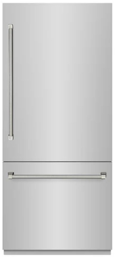 ZLINE Autograph Edition 36 in. 19.8 cu. ft. Built-In Bottom Freezer Refrigerator with Water Dispenser and Ice Maker in Stainless Steel with Graphite Gray Interior and Polished Nickel Helix Handles (GRBITZ-30436KPN)