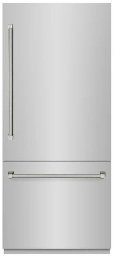 ZLINE Autograph Edition 36" 19.8 Cu. Ft. Stainless Steel Built In Bottom Freezer Refrigerator with Water Dispenser, Ice Maker, Graphite Gray Interior and Polished Nickel Helix Handles-0