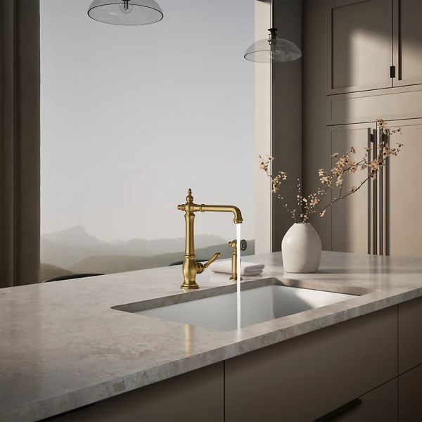 KOHLER® Artifacts® Vibrant Brushed Moderne Brass Single-Handle Kitchen Sink Faucet with 2-Function Side Sprayer-2