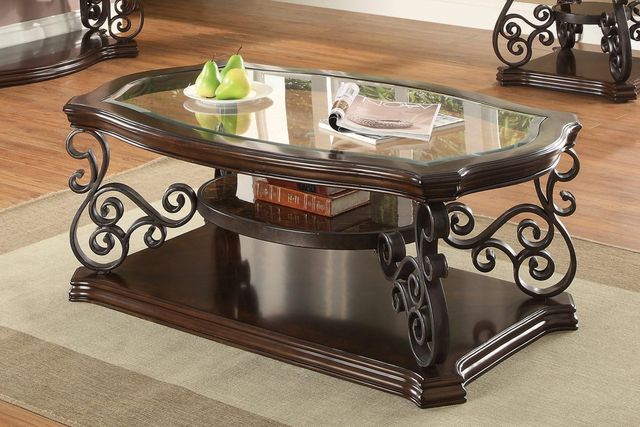 Coaster® Laney Glass Top Cocktail Table with Deep Merlot Base-1
