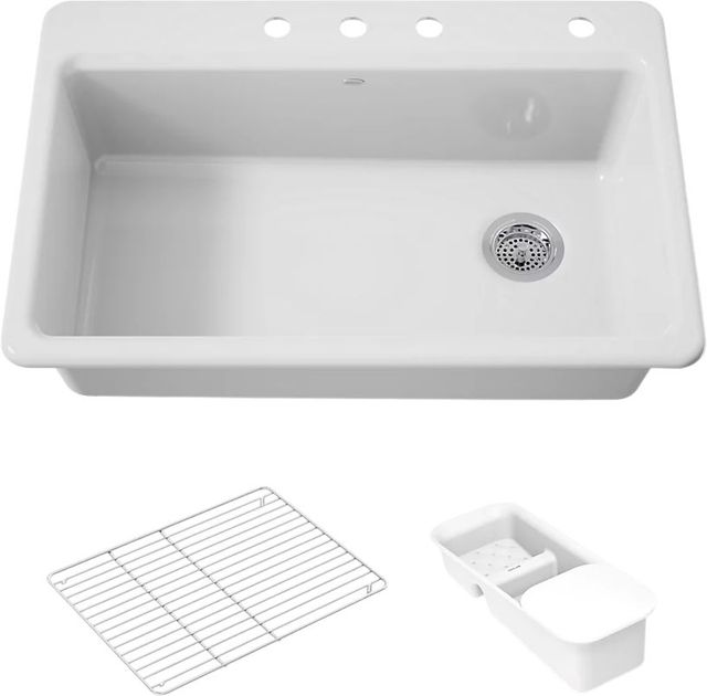 KOHLER® Riverby® White 33" 4-Faucet Hole Top-Mount Single-Bowl Workstation Kitchen Sink-0