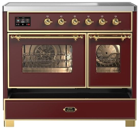Ilve® Majestic III 40" Burgundy Pro Style Induction Range with Triple Glass Door and Brass Trim-2