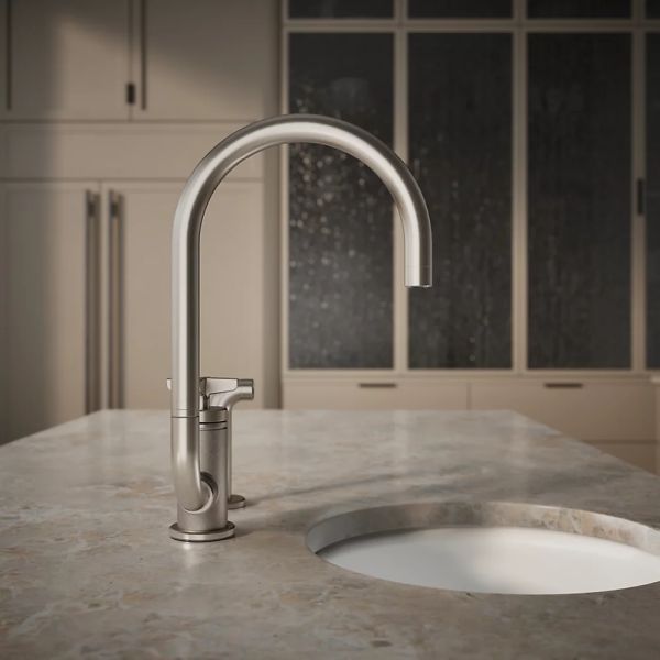 KOHLER® Billet® Vibrant Stainless 16" Single Cross-Handle Bar Sink Faucet with 2-Function Extended-Reach Spout and Side Sprayer-4