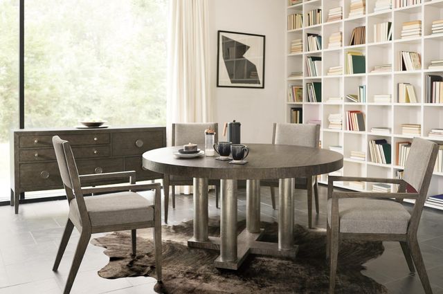 Bernhardt Linea Cerused Greige 60" Round Dining Table with Textured Graphite Metal Base-1