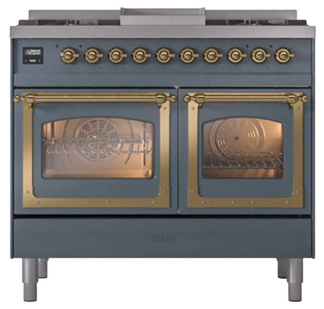 Ilve® Nostalgie II Noblesse 40'' Blue Gray Pro Style Dual Fuel Range with Brass Trim-1